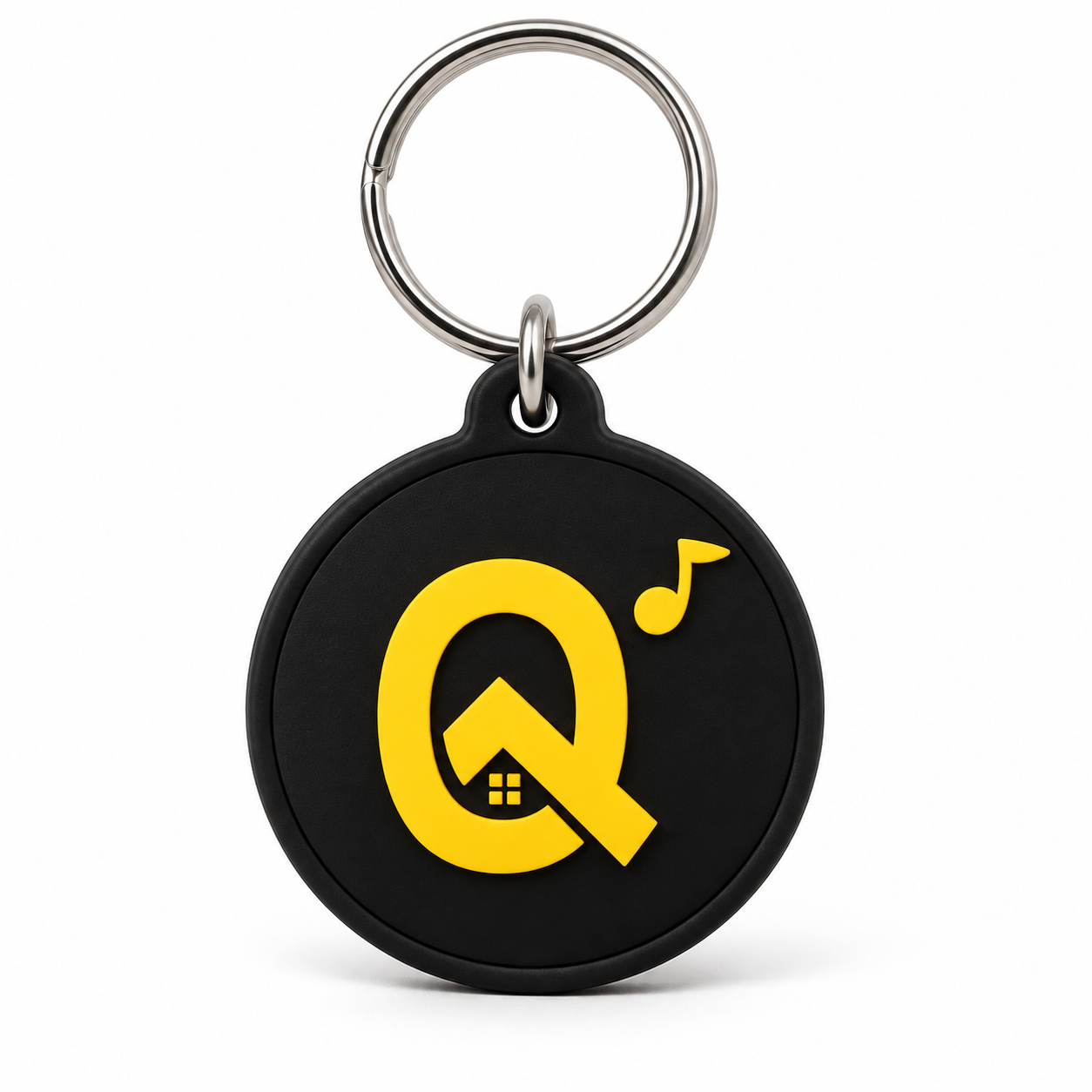 Chaveiro Batuq Símbolo, símbolo q com casa e nota musical em amarelo, em fundo branco.