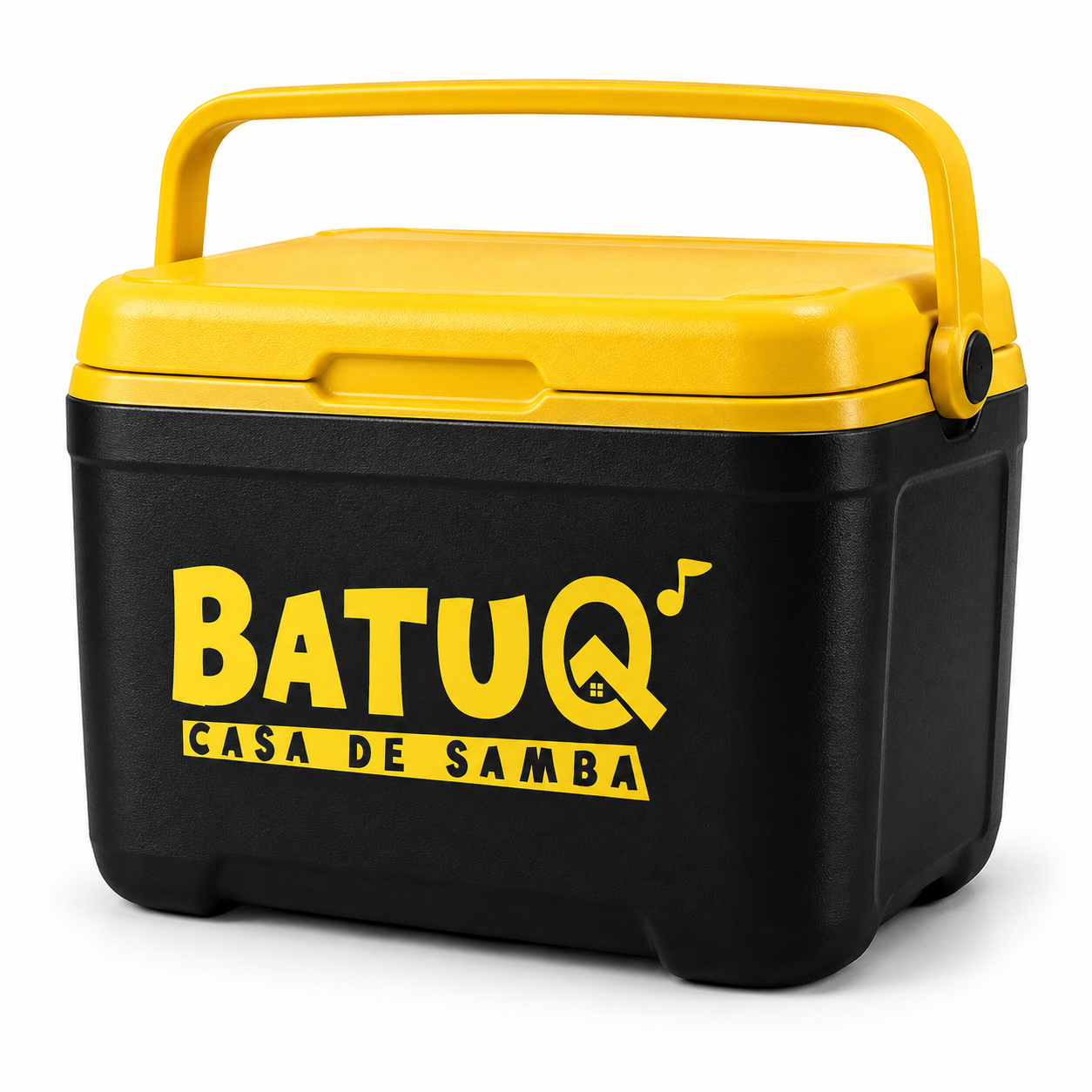 Cooler Batuq Casa de Samba, logo completo amarelo na frente, em fundo branco.