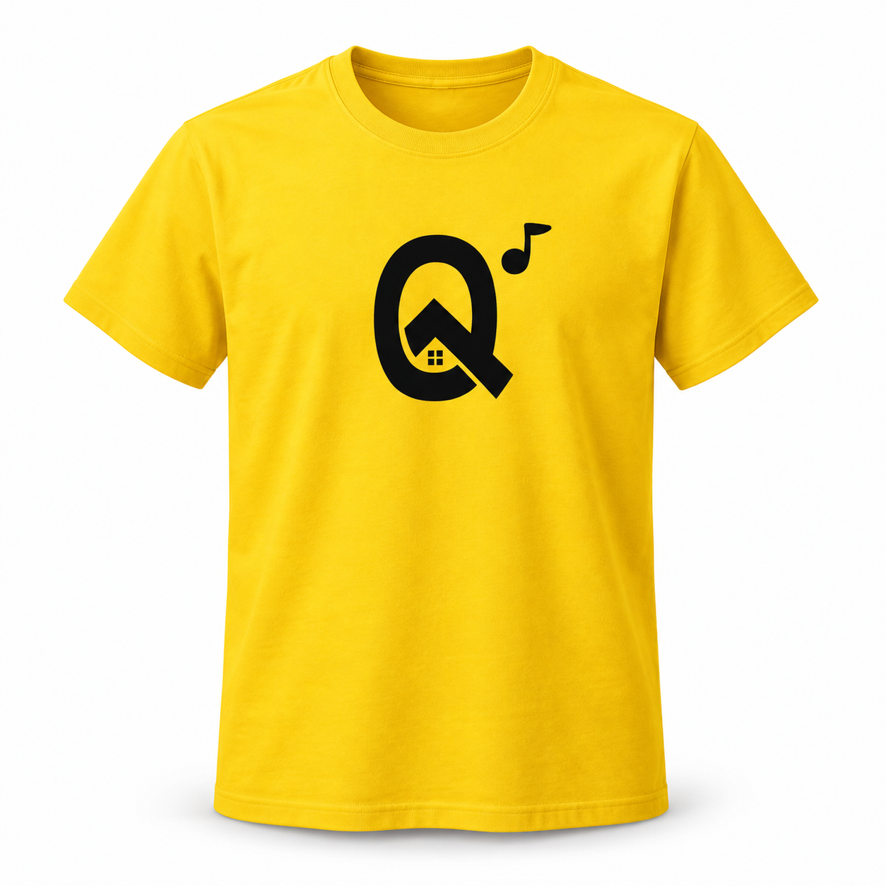 Camisa Batuq Símbolo — Amarela, símbolo q com casa e nota musical em preto no peito, em fundo branco.