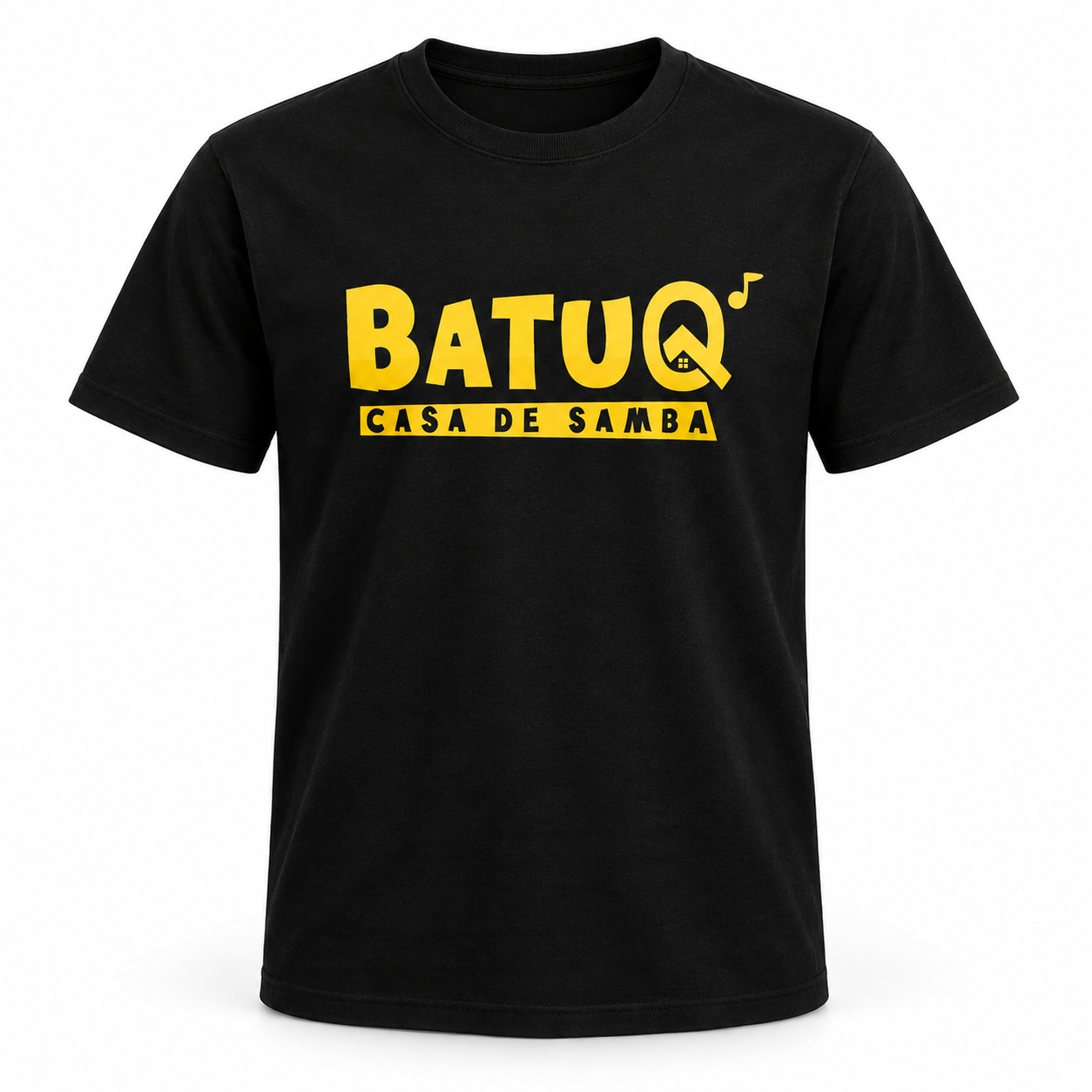 Camisa Batuq Casa de Samba — Preta, logo completo amarelo no peito, em fundo branco.