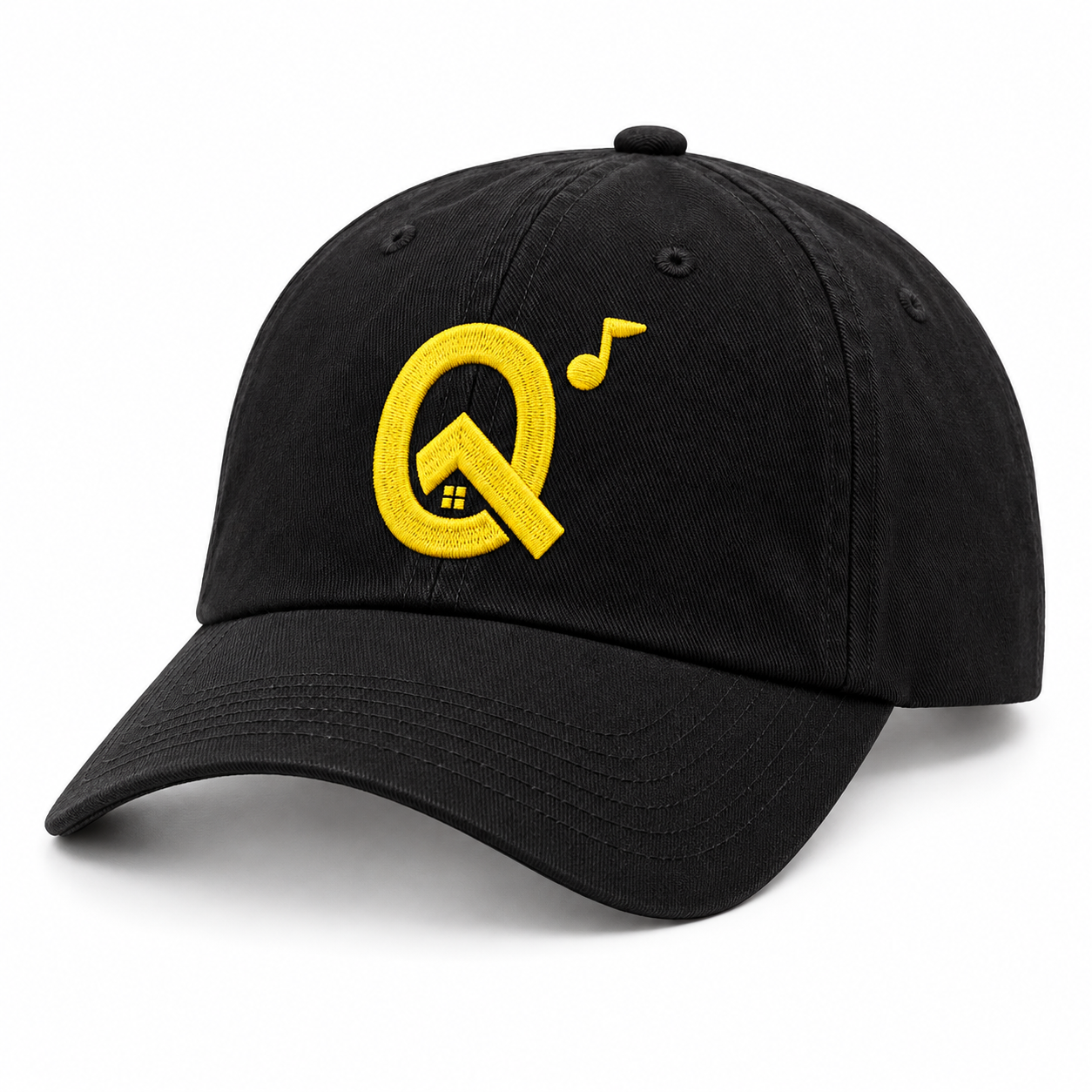Boné Batuq Símbolo — Preto, símbolo q com casa e nota musical bordado em amarelo, em fundo branco.