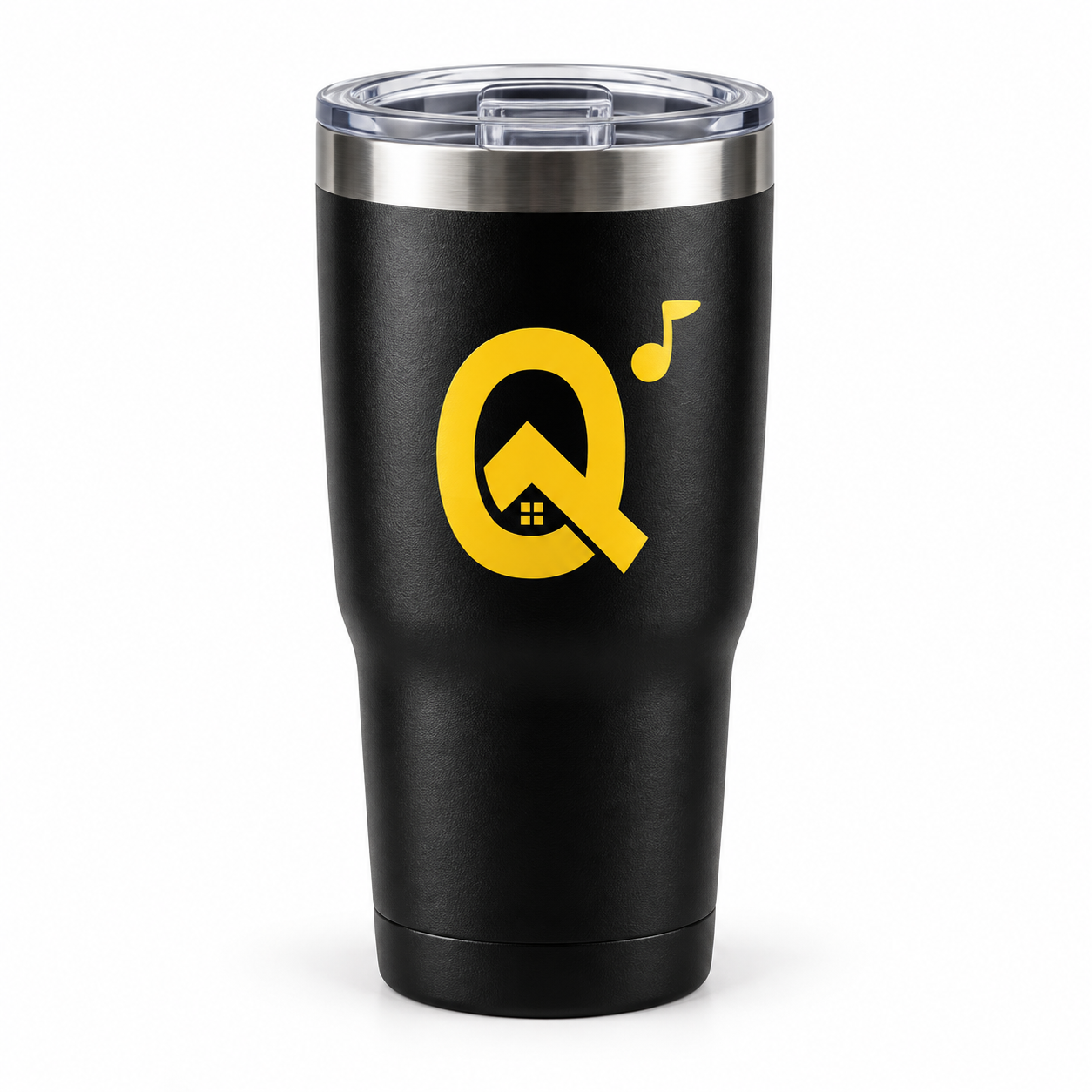 Copo Térmico Batuq Símbolo, símbolo q com casa e nota musical em amarelo, em fundo branco.